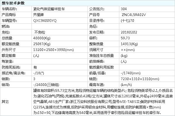 齊星牌QXC9400GYQ型液化氣體運(yùn)輸半掛車整車技術(shù)參數(shù)